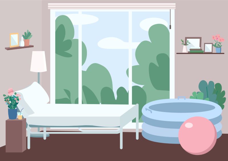 Illustration of a home birth setting, with bed, birth pool, birth ball, and large scenic window looking out to greenery.