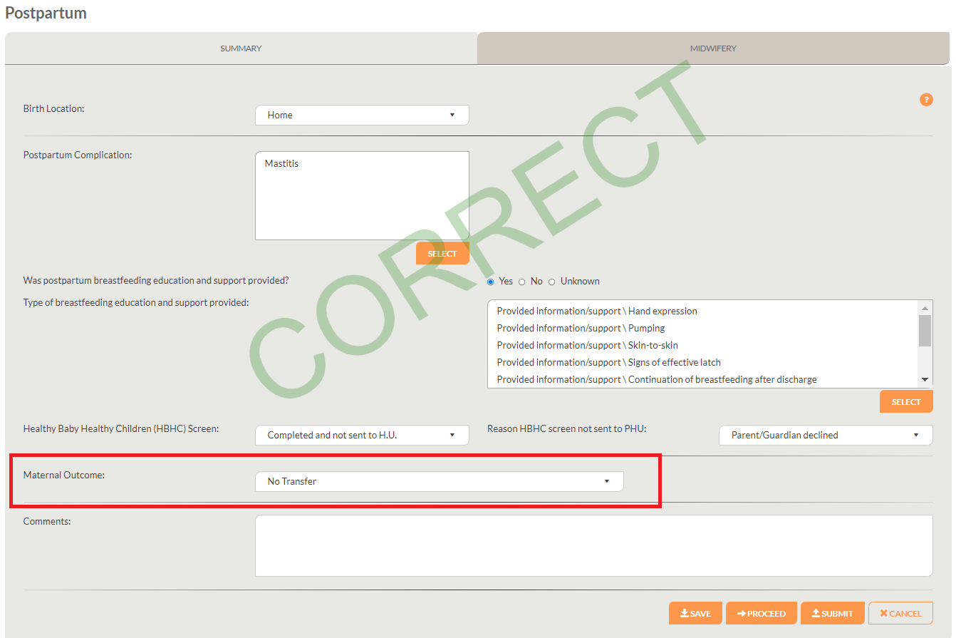 Postpartum maternal - correct response selected for home birth